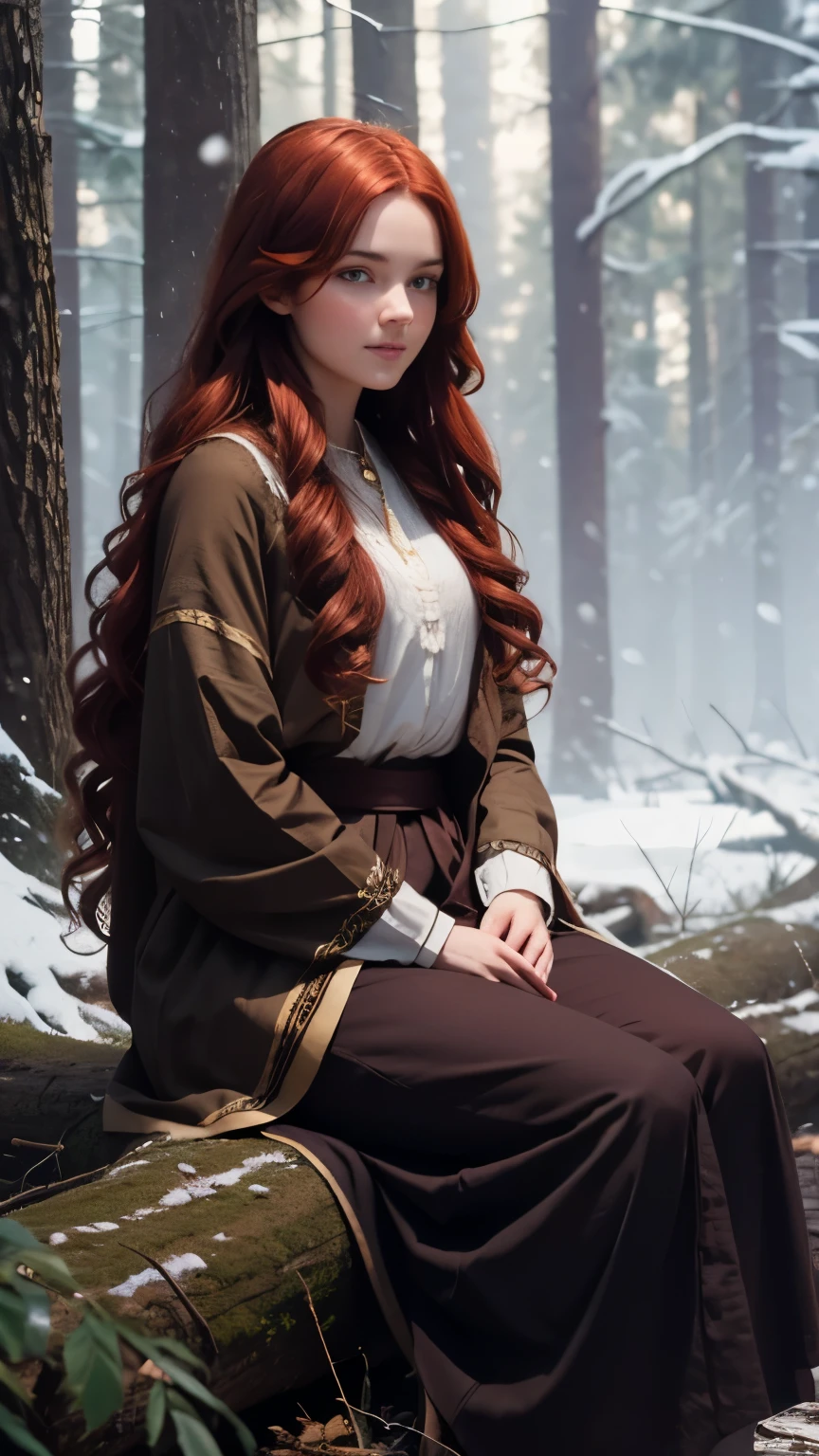 full body, break, beata undine, sitting back against a tree, blizzard, campfire ahead, dark forest, young women, masterpiece, goddess, long hair ,((redhair)). op Quality, Masterpiece, 1 Girl, Beautiful Face, (Photorealistic Photos:1.3), Rim Lighting, (High Detail Skin:1.2), 8K UHD, DSLR, High Quality, High Definition, 4K, 8K, Bokeh, (Real: 1.3), pretty Face