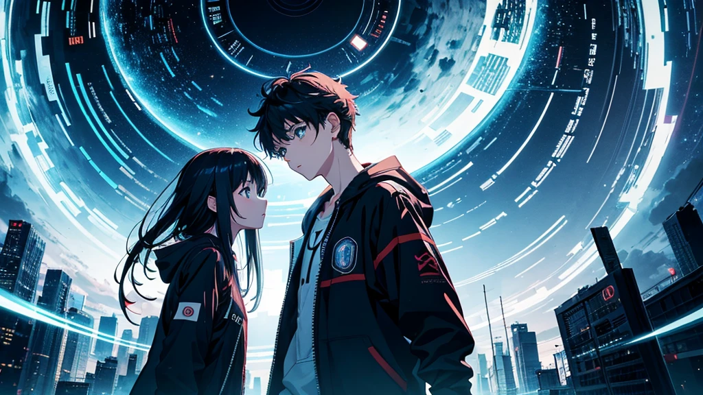 Time Leap clock Time Vortex Swallowed Near future city Boy and Girl Highest quality cyber- masterpiece