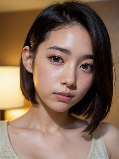 Hotel room、18-year-old female、Realistic Skin、((Dark Eyes))、A faint smile、Medium Short Hair、Beige tops、Yoshitomo Nara, shikamimi, Chiho, mayuri shiina, A real young gravure idol, beast, , Kotegawa Yui, 8k、narumi kakinouchi