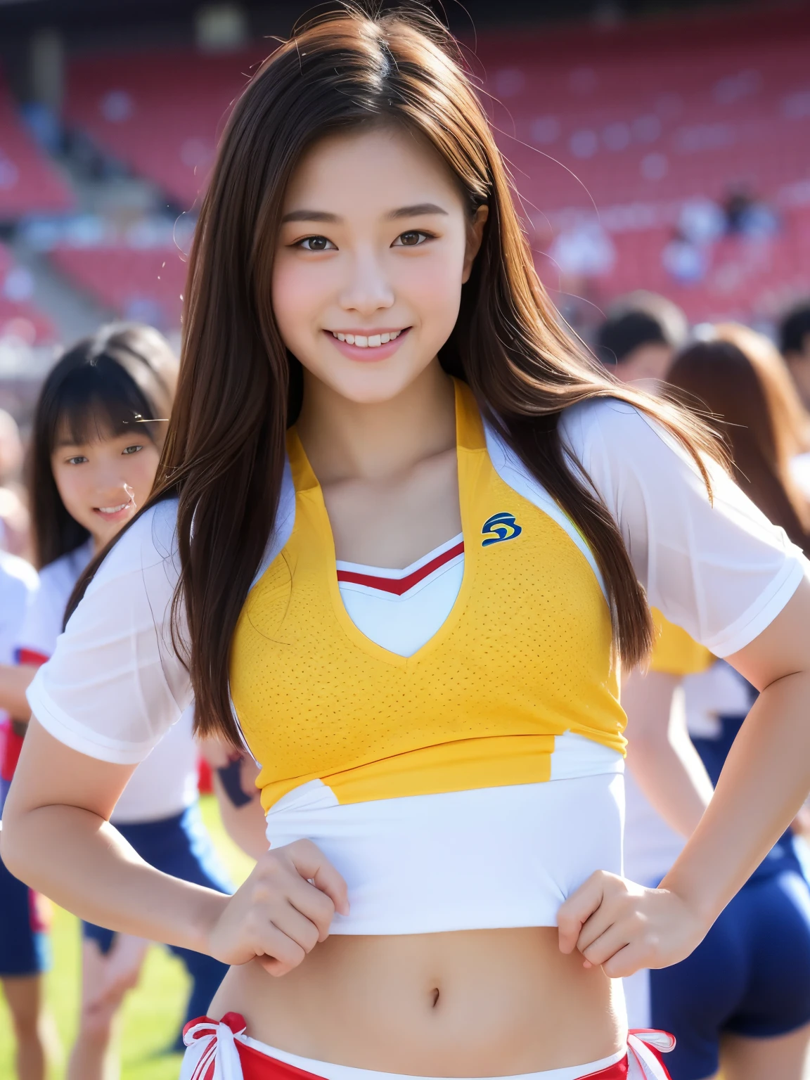 Highly detailed CG Unity 8k wallpaper、Highest quality、Ultra-detailed、masterpiece、Realistic、Photo realistic、A cute girl drawn in great detail、18-year-old、Track and field athlete costumes、Panty Focus、blush、Lips parted、breast enhancement、Athletics Stadium、crowd