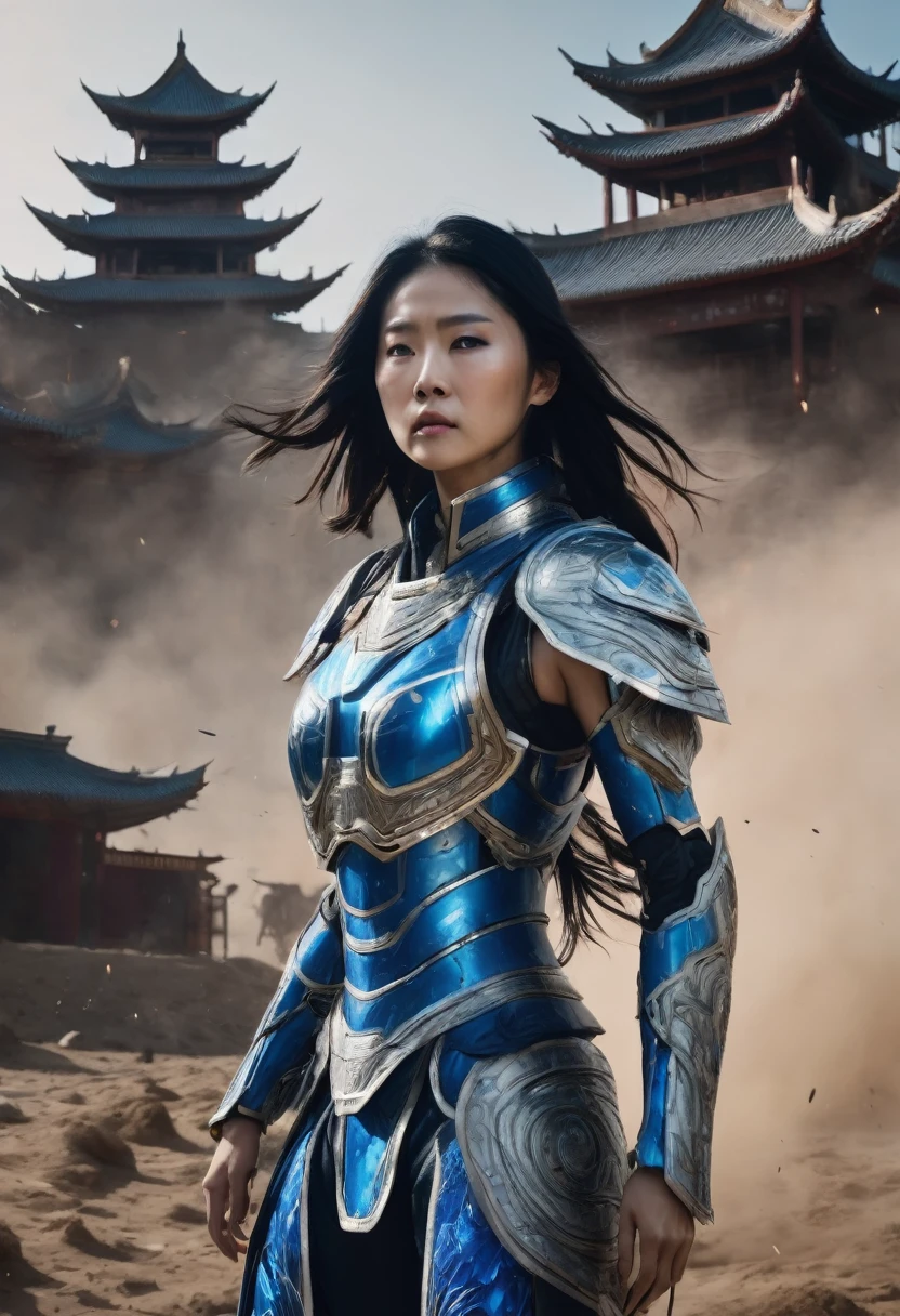 shot in 8K HD. Realistic photographic illustration, real body proposition, highly detailed with extreme close-UP style sci-fi theme of a Chinese woman with long black hair fluttering, exhausted wearing a combination of blue and white armor, the armor has a blue light as a symbol of its energy, the background is on the battlefield