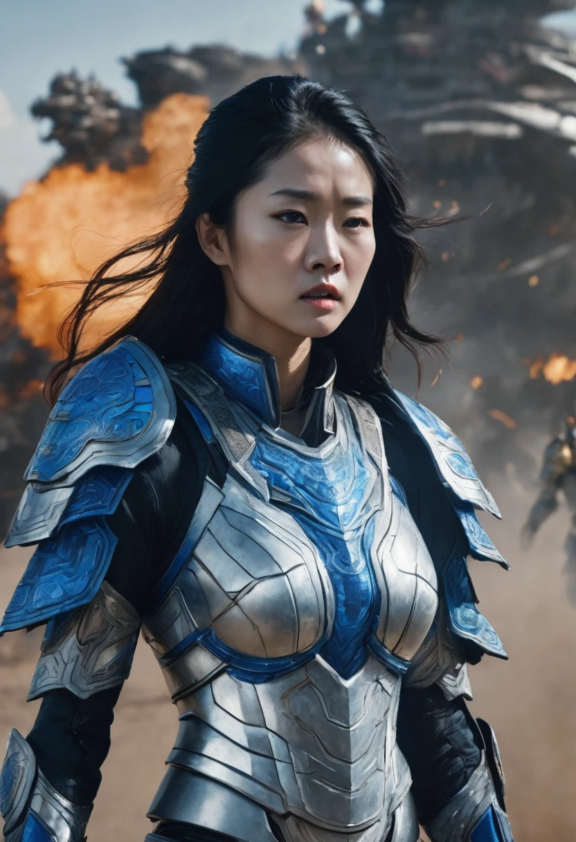 shot in 8K HD. Realistic photographic illustration, real body proposition, highly detailed with extreme close-UP style sci-fi theme of a Chinese woman with long black hair fluttering, exhausted wearing a combination of blue and white armor, the armor has a blue light as a symbol of its energy, the background is on the battlefield