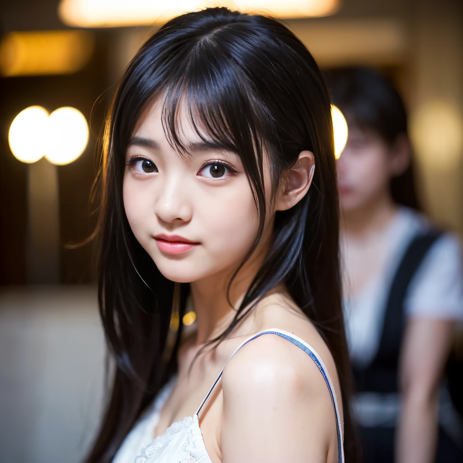 (Best-quality, Masterpiece, Ultra-High-Resolution, (Photorealistic:1.4), Raw Photo, depth of field, professional lighting, perfect anatomy, extremely details), (1girl, 15-years-old, the most famous Japanese idol), (((((extremely excited sexually))))), wearing casual-dress, looking at viewer, ((((extremely beautiful and extremely realistic skins)))), (((extremely cute face like the most popular Japanese idol)), (((extremely cute and extremely big black-eyes))), (extremely beautiful black-long-hair), (extremely cute long-eyelashes), (extremely cute lips))