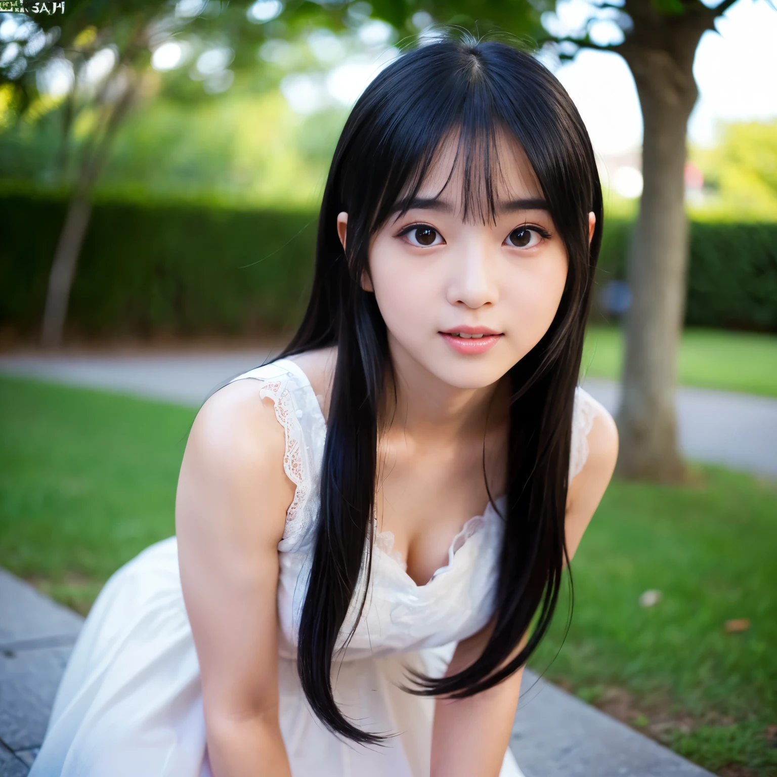 (Best-quality, Masterpiece, Ultra-High-Resolution, (Photorealistic:1.4), Raw Photo, depth of field, professional lighting, perfect anatomy, extremely details), (1girl, 15-years-old, the most famous Japanese idol), (((((extremely excited sexually))))), wearing casual-dress, looking at viewer, ((((extremely beautiful and extremely realistic skins)))), (((extremely cute face like the most popular Japanese idol)), (((extremely cute and extremely big black-eyes))), (extremely beautiful black-long-hair), (extremely cute long-eyelashes), (extremely cute lips))