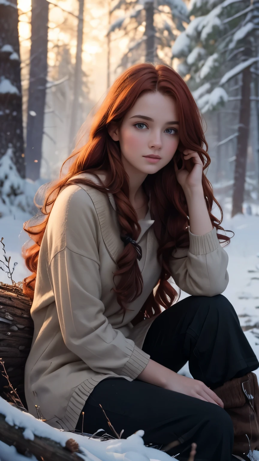 full body, break, beata undine, sitting back against a tree, blizzard, campfire ahead, dark forest, young women, masterpiece, goddess, long hair ,((redhair)). op Quality, Masterpiece, 1 Girl, Beautiful Face, (Photorealistic Photos:1.3), Rim Lighting, (High Detail Skin:1.2), 8K UHD, DSLR, High Quality, High Definition, 4K, 8K, Bokeh, (Real: 1.3), pretty Face