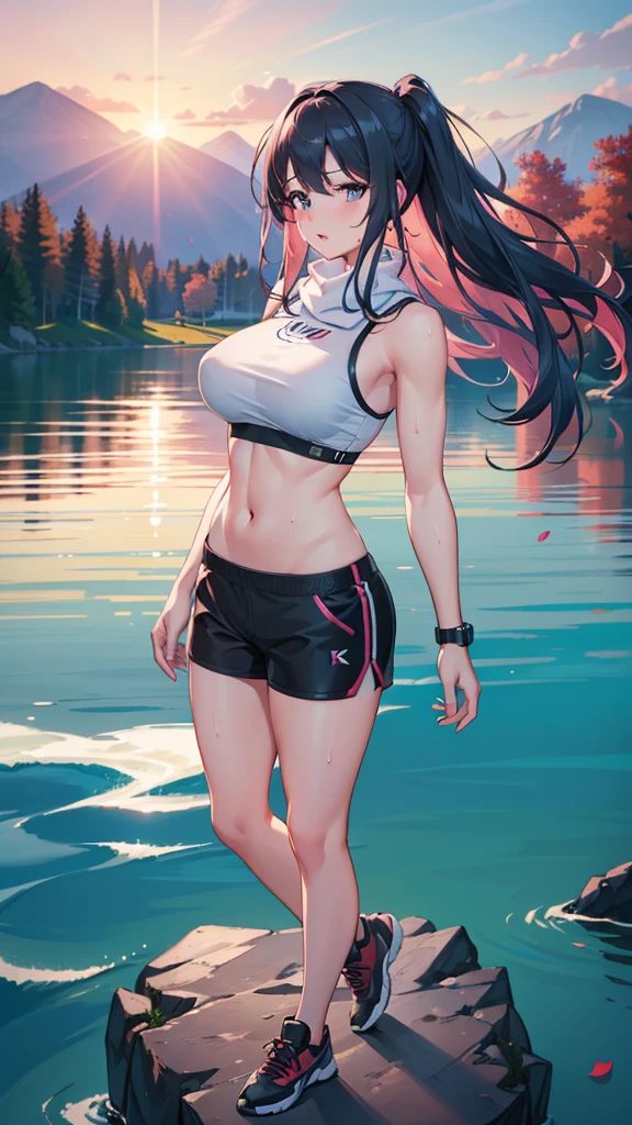 A beautiful girl, standing on a rock,giving a pose,black shorts,black crop top, seducing face,cold weather,wind breeze, beautiful sunset,birds flying,boat in lake,cute pose, looking somewhere,sweaty top,wavy hairs, black long hairs, beautiful eyes,red lips, mountains,from top view, beautiful sceneary,((high quality, 8k resolution, ultra high quality,best image quality,best image clarity)), sports top,large breasts,curvy body,fit body, blushing face,red cheeks,pink petals, beautiful trees, beautiful view,hairs waving through wind,seen from front, muscular arms,watch on left hand, looking for someone,busty thighs,tall girl,one feet forward