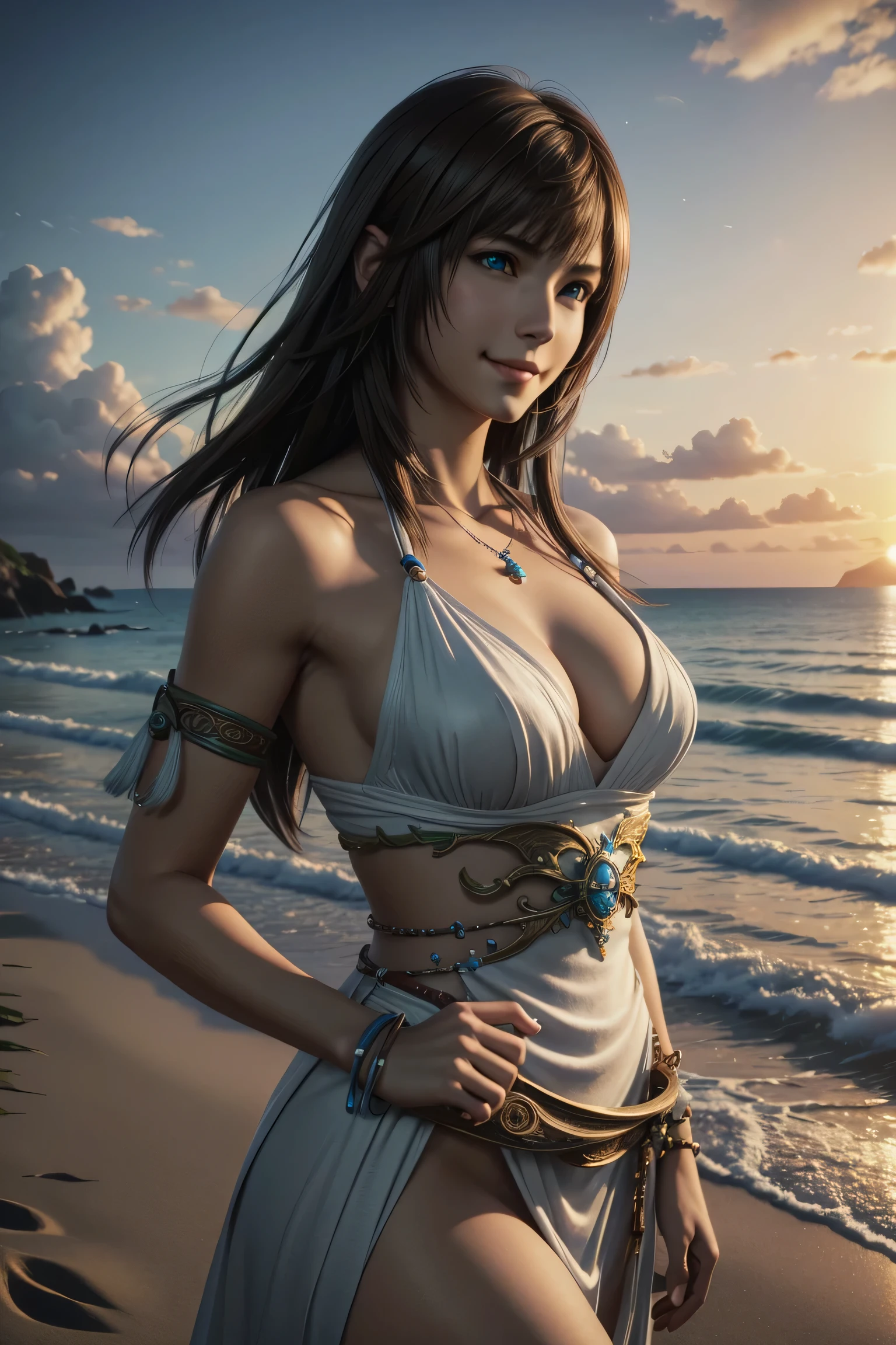 The best one,yuna,Final Fantasy 10,FF10,Medium Hair,Brown hair,Let your bangs down,Beautiful green and blue odd eyes,,Beautiful and tall nose,Photorealistic,ultra HD,high quality,masterpiece,Digital SLR,Detailed details,Intricate details,Anatomical basis,Depicted in detail,A detailed face,Realistic skin texture,Vivid details,Perfect Anatomy,Perfect Anatomy,Anatomically correct hand,Anatomically correct fingers,Super Detail,Complex 3D rendering,Huge ,Sexy pose,The beautiful world of Final Fantasy 10,White long dress,Beautiful sunset,Beautiful beach at sunset,Fantastic beaches,Fantasy worldview,Picturesque,Pink Lips,smile,