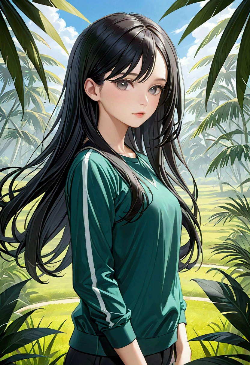 Long smooth black hair with white highlights
, grey eyes
, Slender and athletic built
, Average height
, Casual Clothing
, UHD, 8k, Best quality