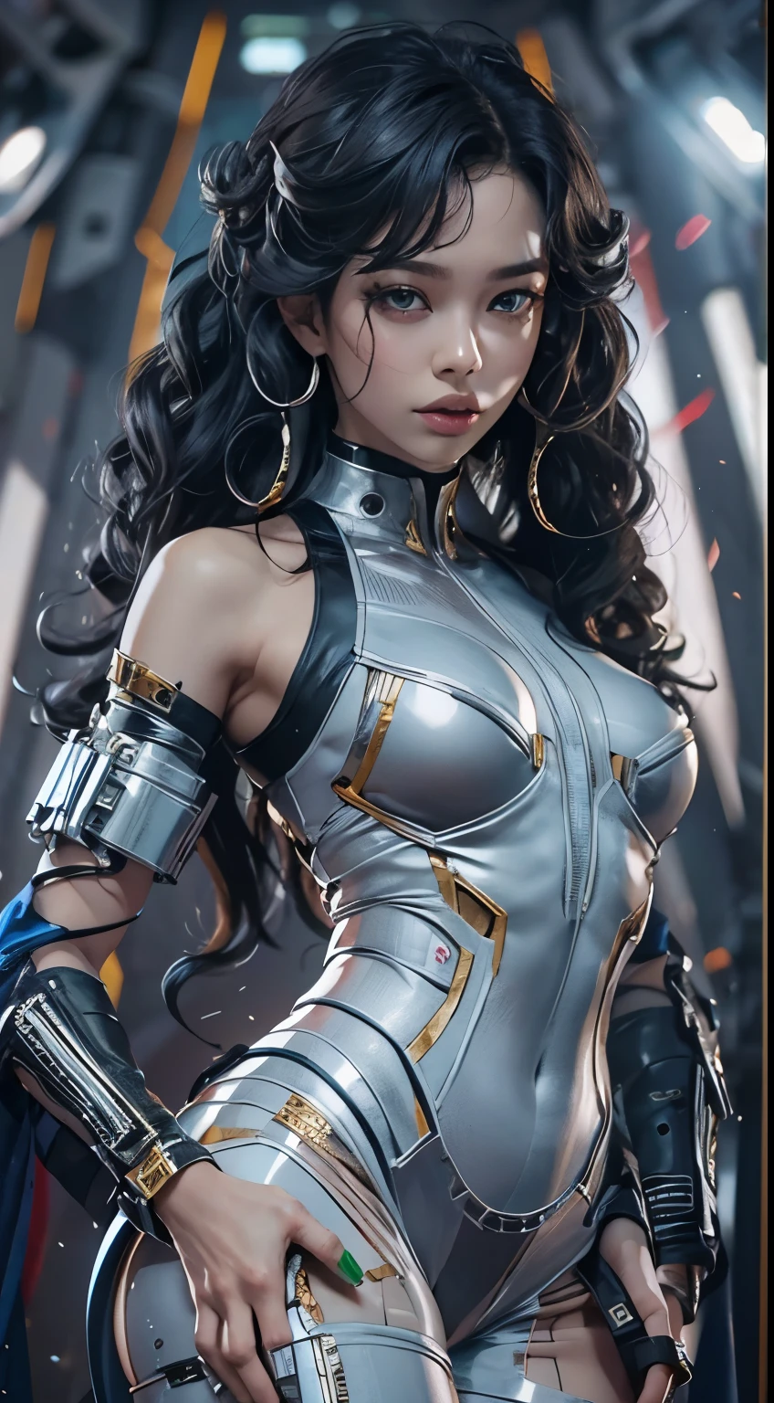 best quality, Well-proportioned body, ((African curly black hair)), wet, Big green eyes, Sweet lips, Alien style, Large Breasts, White skin, Pale skin, Long legs, Abdominal muscles, African long hair, She's wet,(All poses visible), Futuristic (Cyberpunk) Translucent jumpsuit, silk, Full body covered, Cyberpunk风格的Futuristic白色背包, Futuristic tactical vest in cyberpunk style.., 金属 Cyberpunk 复杂结构 外骨骼 湿, silk,Camel toe, 金属Futuristic外星人, 具有金属和外星人效果的Futuristic夹克, Metal Clothes, Gloves, collar, Standing, ((All poses visible)), 很多Cyberpunk风格的外星人. She was in the jungle, Alien dark planet, dark, at night. Huge trees, Creeper, Large dark green leaves, wet tree trunks, It's raining ((Sexy pose, Sexy clothes)), (Texture:1.1), (Very detailed face:1.1), Body details are rich, Very detailed clothes), (Realistic Ultra HD, 8K, Ultra-high resolution, Film Grain, light, Edge lighting, Photo by Arnie Freitag