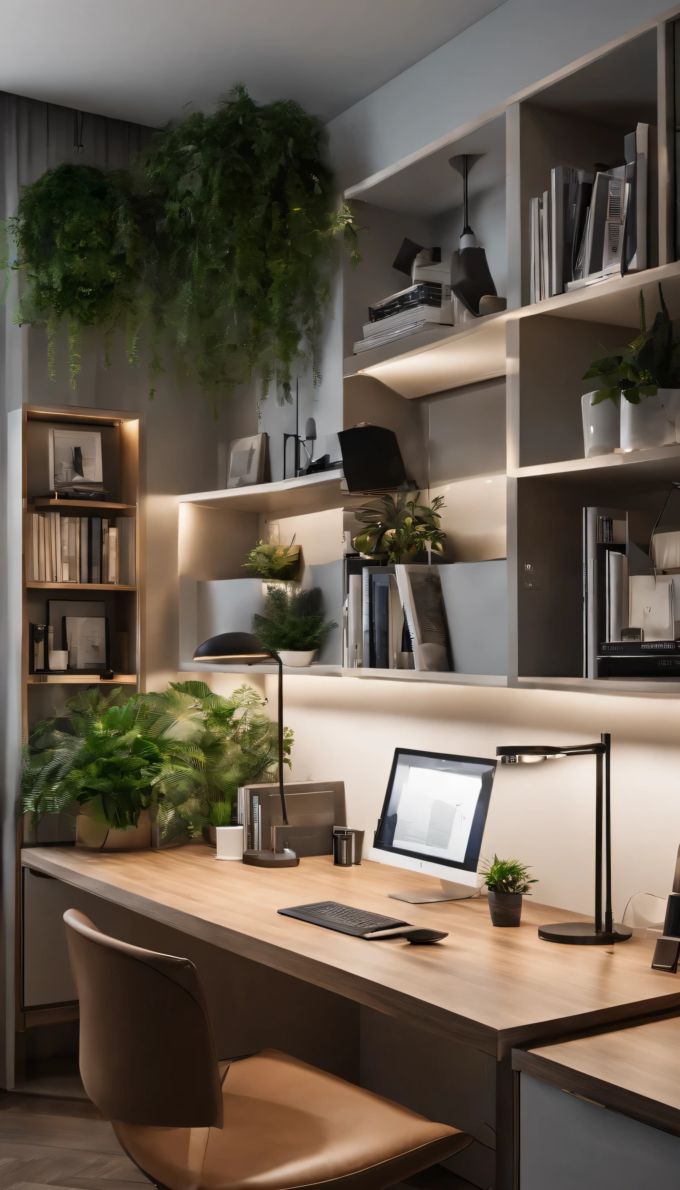 Imagine a professional and visually appealing background for my YouTube channel that incorporates RGB lighting on the walls and bookshelves. The background should have a sleek and modern design, utilizing a color scheme with neutral tones like white, gray, and black, accented by a pop of color such as blue or green. The design should create a workspace vibe that feels both professional and welcoming. Key elements include a tidy desk setup with a computer or laptop, some books, a notebook, and a pen. Wall-mounted shelves with books, small plants, and minimalistic decor. An ergonomic and stylish chair in a neutral color or leather. RGB lighting integrated into the walls and bookshelves to create a dynamic and customizable backdrop. The RGB lights should be strategically placed to highlight key areas without being overwhelming. Soft natural light from a window, enhanced by warm yellow artificial lighting to create a cozy atmosphere. Use of modern desk or floor lamps to improve lighting quality. Light-colored walls, white or light gray, to maintain a clean and elegant look. A piece of modern artwork or a tasteful poster on the wall to add character. A soft rug in neutral tones or with a subtle pattern. Greenery to introduce a natural and fresh element to the space.