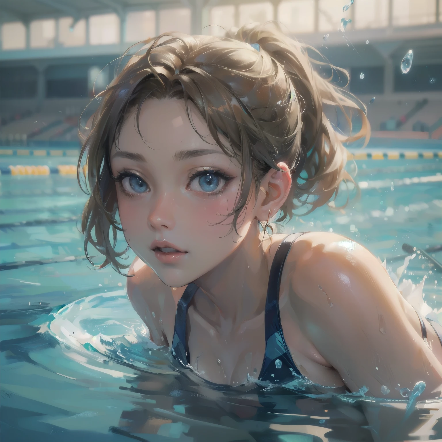  masterpiece, (textured skin), best quality, gorgeous beautiful girl, (a female swimming athlete), detailed clothes,large breasts,narrow waist,, (beautiful face), cinematic lighting, (at swimming venue ),