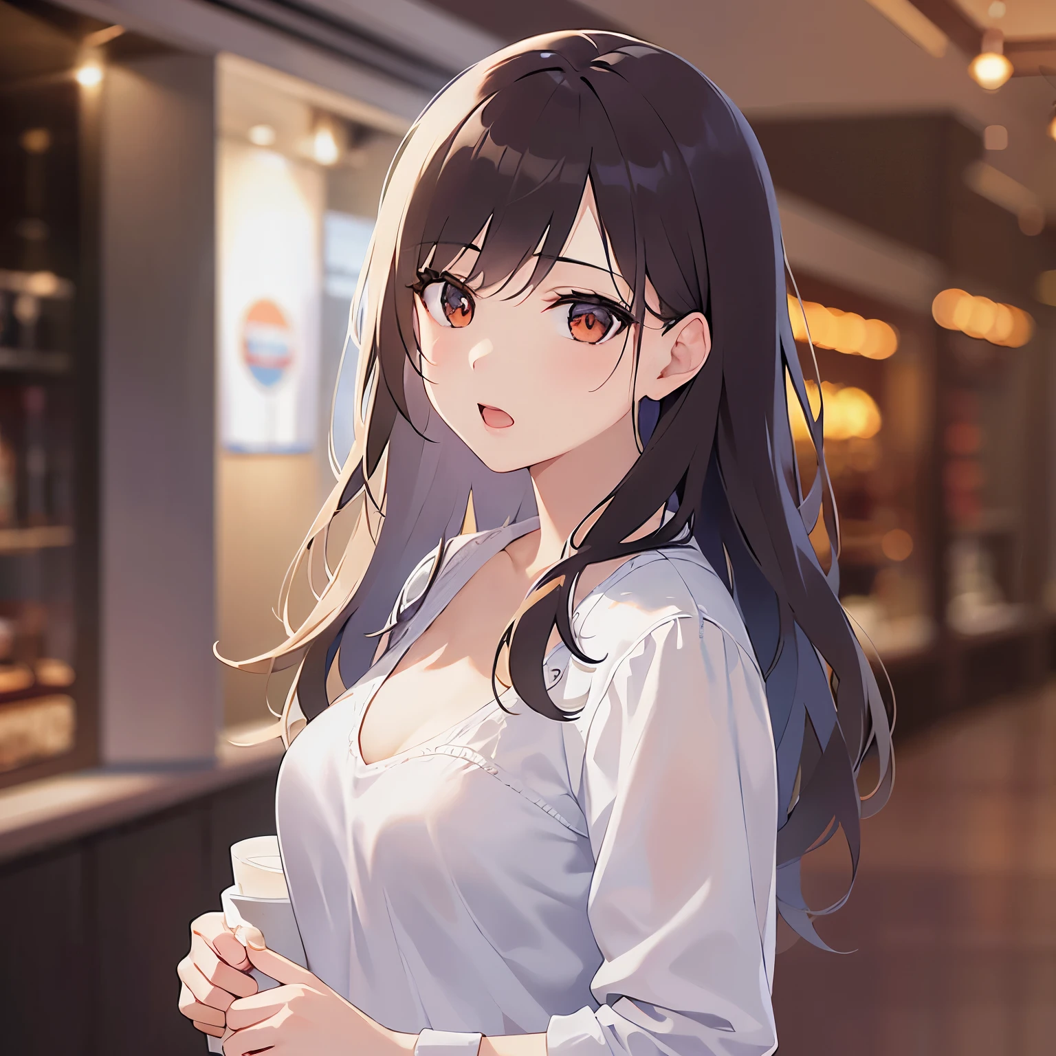 side angle, Upper Body, Realistic, real person, (pale skin: 1.2), RAW photo, photorealistic, portrait photography, shiny skin, shiny hair、(25 year old woman with medium hair with bangs) and (wavy hair) and (brown hair) and (orange eyes) ,(white T shirt) and (long sleeve) and (Cleavage), (smile, blush:1.5), clothes shop、Alone、Are standing