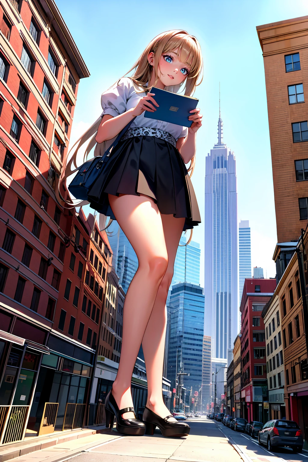 (Realistic photos:0.0), (Ultra-realistic:1.0), (masterpiece:0.0), (Highest quality:1.3), Intricate details, Super detailed, Sharp focus, Full Color, (Depth of written boundary:1.0), (Ultra-fine illustration:1.0), (Natural light, Dawn:1.0),
(One girl), (College years:1.0), (Enchanting anime girl), The body is slim, A girl taller than a building, Casual clothing, Super detailed Face, (Detailed lips:0.7), (Sitting in a building:1.0), city, GTS , Giant , (Full Body Shot:1.1), (From below:1.4)