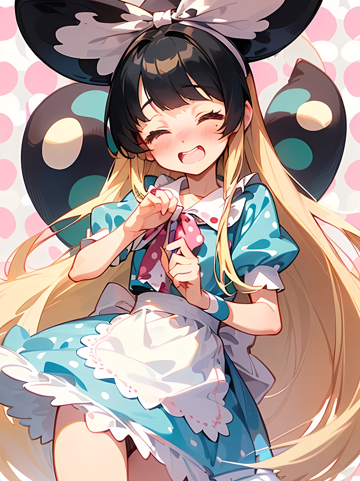(black Alice in Wonderland:1.3),((straight pure white thin long hair:1.2)),(very short sideburns),(blunt bangs),(A vibrant and lively background:1.2),(Pop and cute polka dot pattern:1.45)),((You are the main character!:1.2)),(Beautiful images:1.15),(high quality:1.15),((Perfect graphics:1.15)),Big smile,(blush、Embarrassed laugh:1.25),(white、pink、cream、black、yellow,mint)