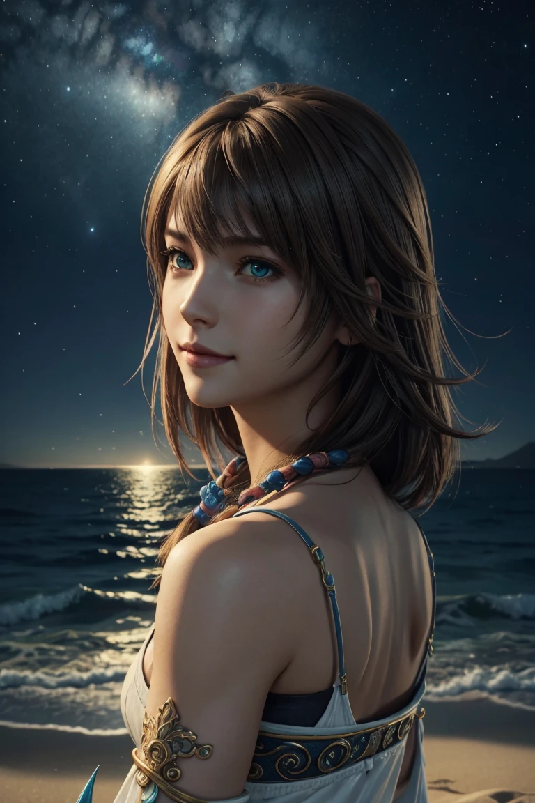 The best one,Yuna,Final Fantasy 10,FF10,Medium Hair,Brown hair,Let your bangs down,Beautiful green and blue odd eyes,,Beautiful and tall nose,Photorealistic,Ultra HD,high quality,masterpiece,Digital SLR,Detailed details,Intricate details,Anatomical basis,Depicted in detail,A detailed face,Realistic skin texture,Vivid details,Perfect Anatomy,Perfect Anatomy,Anatomically correct hand,Anatomically correct fingers,Super Detail,Complex 3D rendering,Huge ,Sexy pose,Final Fantasy 10の美しい世界,White long dress,Beautiful night sky,A beach with a beautiful starry sky,Fantastic beaches,Fantasy worldview,Picturesque,Pink Lips,smile,