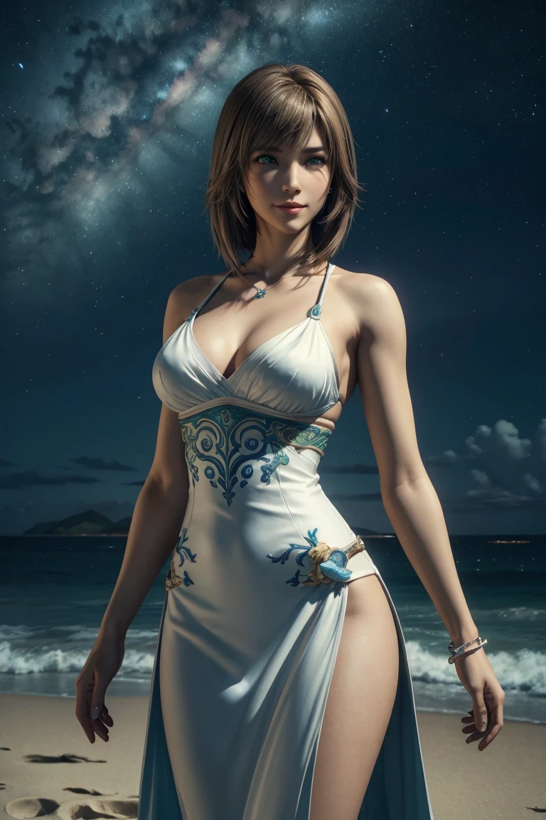The best one,Yuna,Final Fantasy 10,FF10,Medium Hair,Brown hair,Let your bangs down,Beautiful green and blue odd eyes,,Beautiful and tall nose,Photorealistic,Ultra HD,high quality,masterpiece,Digital SLR,Detailed details,Intricate details,Anatomical basis,Depicted in detail,A detailed face,Realistic skin texture,Vivid details,Perfect Anatomy,Perfect Anatomy,Anatomically correct hand,Anatomically correct fingers,Super Detail,Complex 3D rendering,Huge ,Sexy pose,Final Fantasy 10の美しい世界,White long dress,Beautiful night sky,A beach with a beautiful starry sky,Fantastic beaches,Fantasy worldview,Picturesque,Pink Lips,smile,
