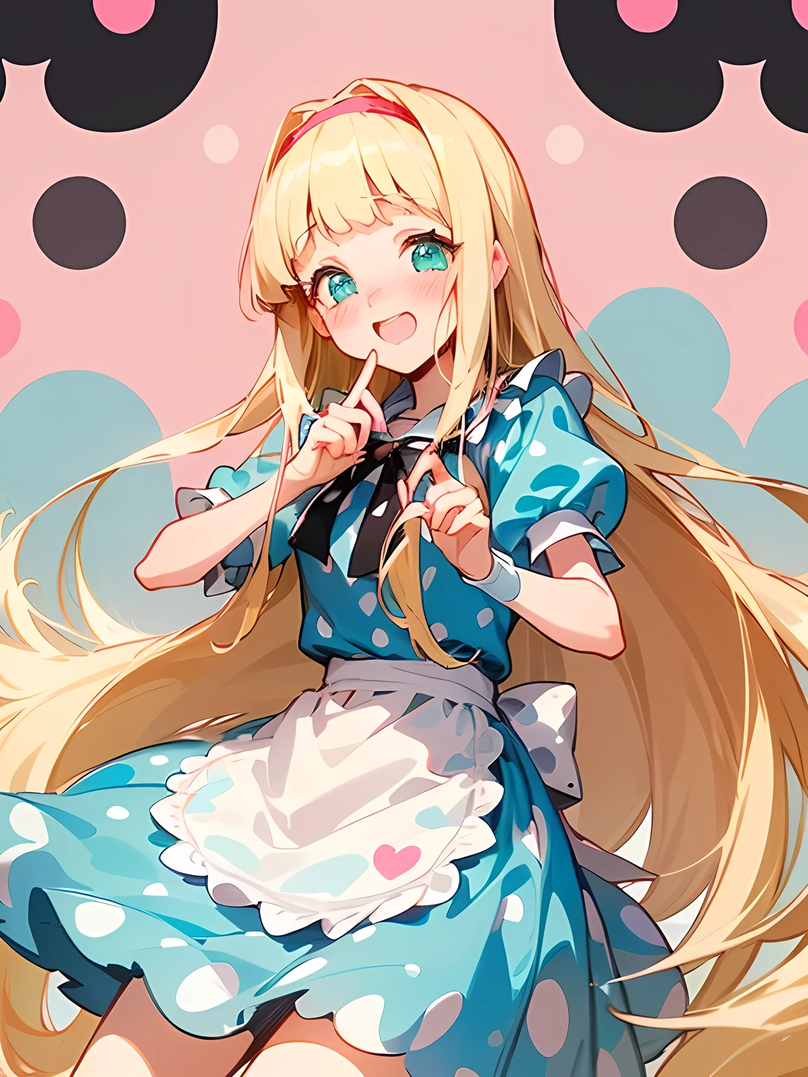 (black Alice in Wonderland:1.3),((straight pure white thin long hair:1.2)),(very short sideburns),(blunt bangs),(A vibrant and lively background:1.2),(Pop and cute polka dot pattern:1.45)),((You are the main character!:1.2)),(Beautiful images:1.15),(high quality:1.15),((Perfect graphics:1.15)),Big smile,(blush、Embarrassed laugh:1.25),(white、pink、cream、black、yellow,mint)