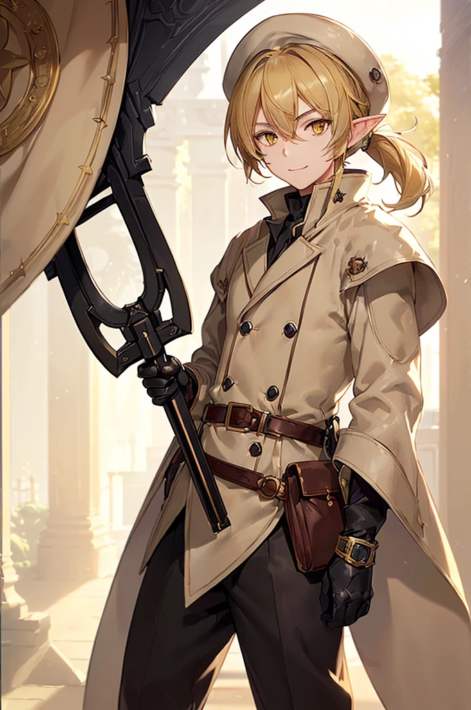 (((masterpiece; best quality: 1.2))), (finely detailed eyes: 1.3), (25 year old elf man), (solo), (yellow eyes: 1.4), (body; toned, fit, masculine: 1.3), (silky blonde hair in low ponytail: 1.3), (beautiful and clear background: 1.2), ((depth of field)), (equipment: adventurer garb + modest + elegant wide-brimmed hunter hat + beige overcoat + shirt + long black cape + black pants + gloves + belt + pouches: 1.3), (anime illustration: 1.2), (background composition; royal garden: 1.1), (extremely fine and handsome: 1.1), (shot composition; standing + centered on torso + close-up: 1.5), (expression; calm, smile: 1.2)