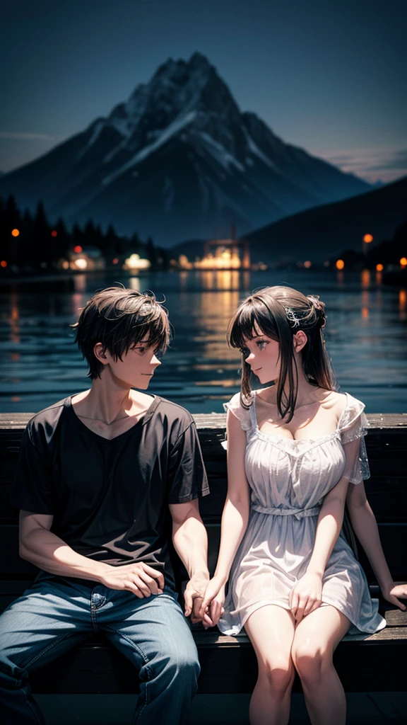a breathtaking mountain at night, a beautiful young couple sitting together, the couple wearing casual summer clothes, moody color tones, anime art style