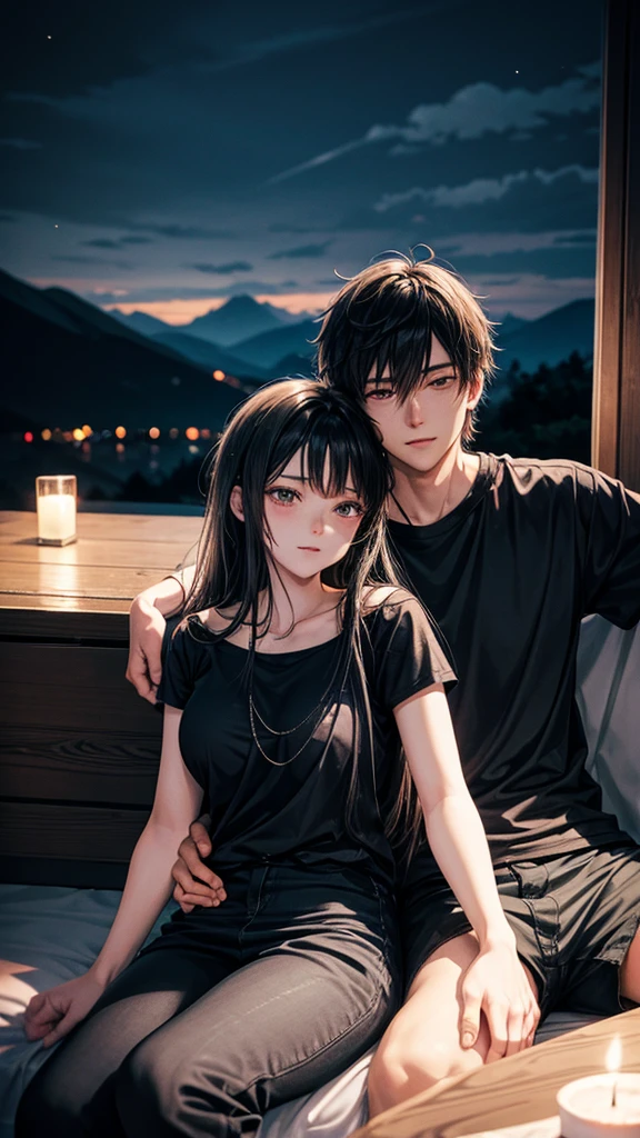 a breathtaking mountain at night, a beautiful young couple sitting together, the couple wearing casual summer clothes, moody color tones, anime art style