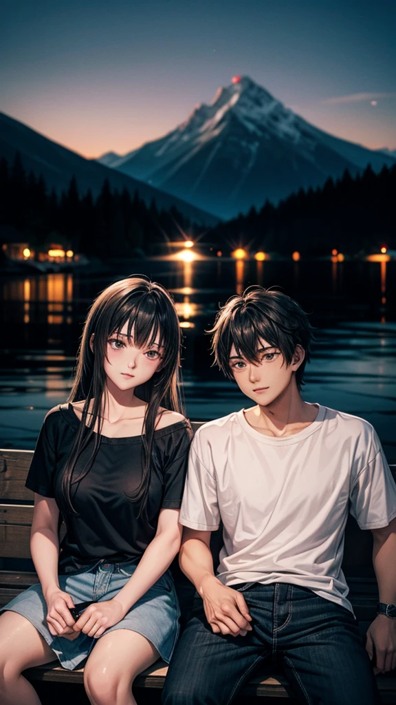 a breathtaking mountain at night, a beautiful young couple sitting together, the couple wearing casual summer clothes, moody color tones, anime art style