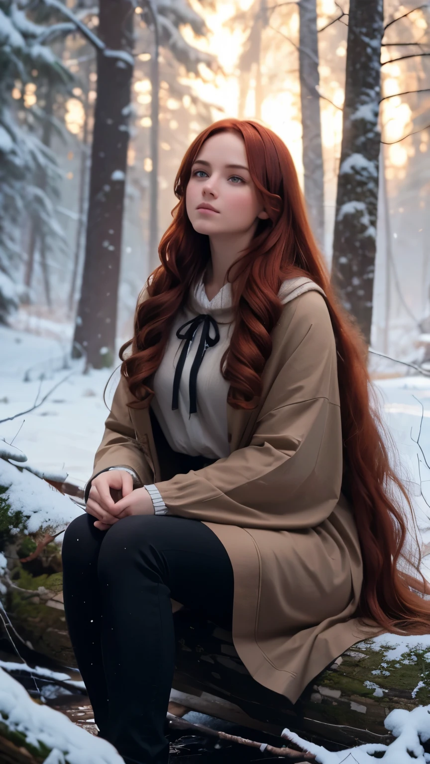 full body, break, beata undine, sitting back against a tree, blizzard, campfire ahead, dark forest, young women, masterpiece, goddess, long hair ,((redhair)). op Quality, Masterpiece, 1 Girl, Beautiful Face, (Photorealistic Photos:1.3), Rim Lighting, (High Detail Skin:1.2), 8K UHD, DSLR, High Quality, High Definition, 4K, 8K, Bokeh, (Real: 1.3), pretty Face