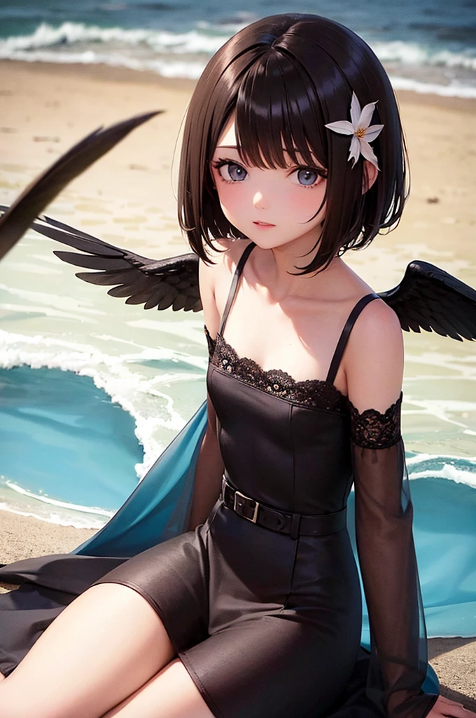 Brown Hair　Short Bob　Brown eyes　Flower Hair Ornaments　Black Feather　Angel　blue sea