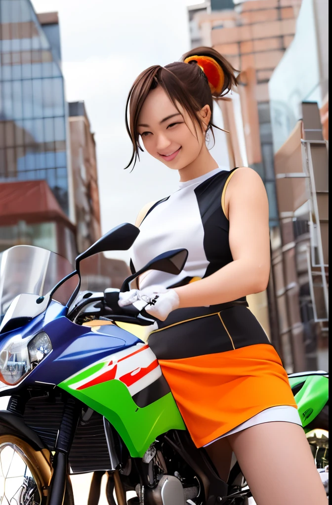 Shining Korean beauty with cybernetic arm,(Transparent and revealing clothing:1.3, ),(Cyber Girl is、Ride through a futuristic city in a colorful vehicle, Custom painted green Kawasaki Ninja bike:1.3),mini skirtを履いてバイクに跨り白いパンティが見えてます、Kawasaki Ninja 250、Show me her white panties.、 （Ultra mini skirt:1.3）、Shiny light brown and orange striped ponytail hair,Cute Smile,Perfect round face,A bright smile that makes everyone happy,Proper body balance,Tabletop,Ultra-high quality output images,High resolution,Intricate details,Very delicate and beautiful hair,Realistic photos,dream-like,Professional Lighting,Realistic Shadows,Focus Only,Beautiful Hands,Beautiful fingers,Detailed functions of the fingers,Detailed characteristics of the garment,Detailed characteristics of hair,Detailed facial features,