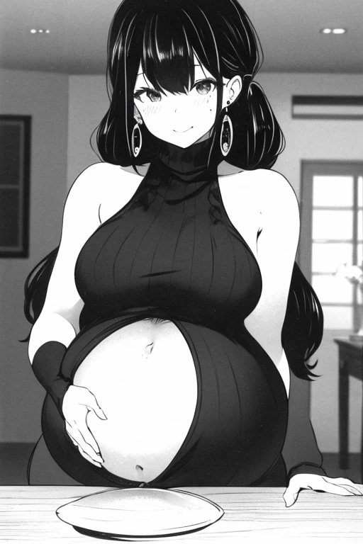 Anime style,two pregnant girls holding hands and wearing black dresses,one smiling proudly and other worried 