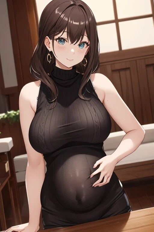 On the table, best quality, high resolution, hmkm1, Mole under the eye, earrings, a, turtleneck sweater, Fur trim, , sleeveless, Cowboy shooting, indoor，Super huge breasts，Pregnant