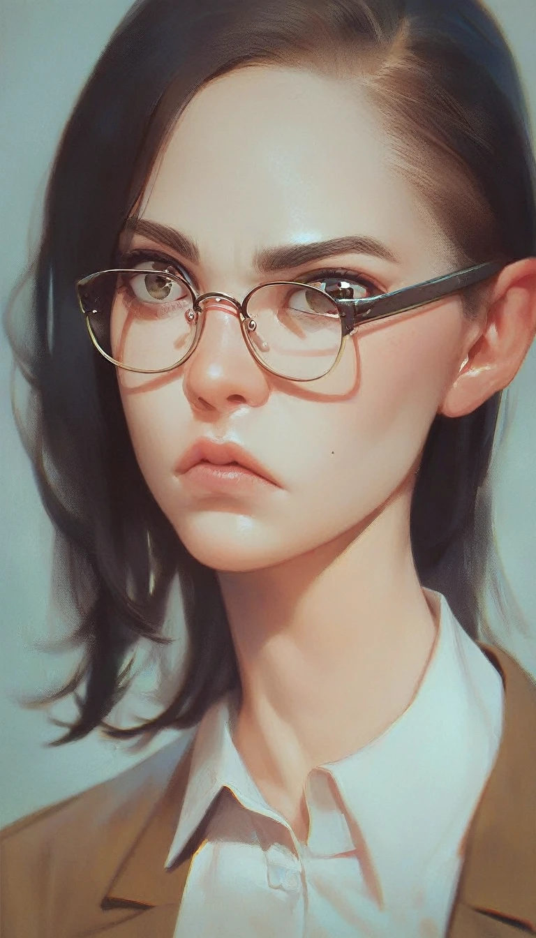 a woman with long, straight dark hair that extends past her shoulders. She has bangs and is wearing rectangular glasses. Her facial expression appears serious or neutral. She is wearing a light blue collared shirt. The woman has a slender build and fair skin. The background behind her is a solid golden-yellow color.