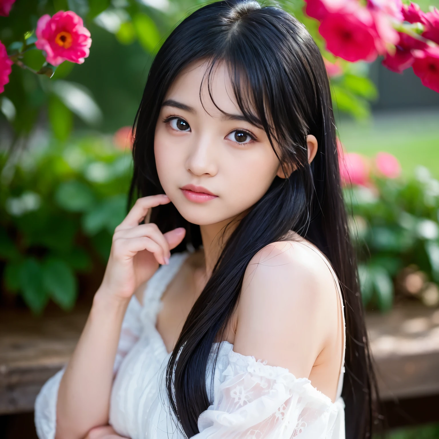 (Best-quality, Masterpiece, Ultra-High-Resolution, (Photorealistic:1.4), Raw Photo, depth of field, professional lighting, perfect anatomy, extremely details), (1girl, 15-years-old, the most famous Japanese idol), (((((extremely sexually))))), wearing casual-dress, looking at viewer, ((((extremely beautiful and extremely realistic skins)))), (((extremely cute face like the most popular Japanese idol)), (((extremely cute and extremely big black-eyes))), (extremely beautiful black-long-hair), (extremely cute long-eyelashes), (extremely cute lips))