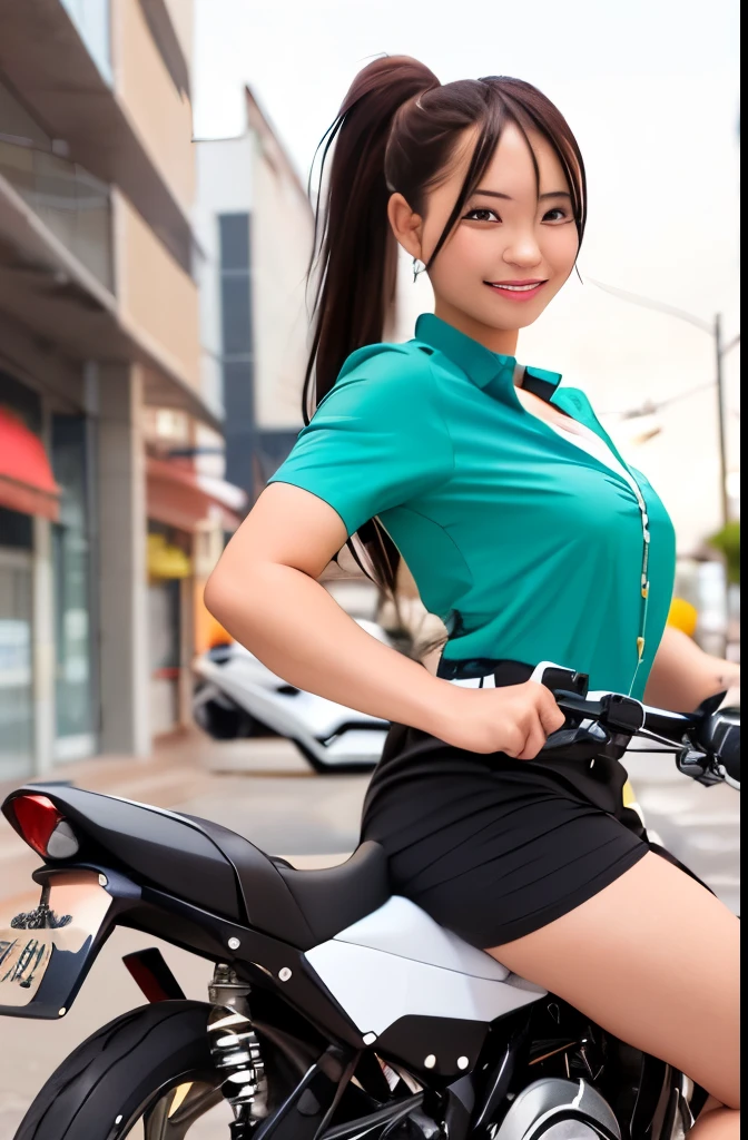 Shining Korean beauty with cybernetic arm,(Transparent and revealing clothing:1.3, ),(Cyber Girl is、Ride through a futuristic city in a colorful vehicle, Custom painted green Kawasaki Ninja bike:1.3),mini skirtを履いてバイクに跨り白いパンティが見えてます、Kawasaki Ninja 250、Show me her white panties.、 （Ultra mini skirt:1.3）、Shiny light brown and orange striped ponytail hair,Cute Smile,Perfect round face,A bright smile that makes everyone happy,Proper body balance,Tabletop,Ultra-high quality output images,High resolution,Intricate details,Very delicate and beautiful hair,Realistic photos,dream-like,Professional Lighting,Realistic Shadows,Focus Only,Beautiful Hands,Beautiful fingers,Detailed functions of the fingers,Detailed characteristics of the garment,Detailed characteristics of hair,Detailed facial features,