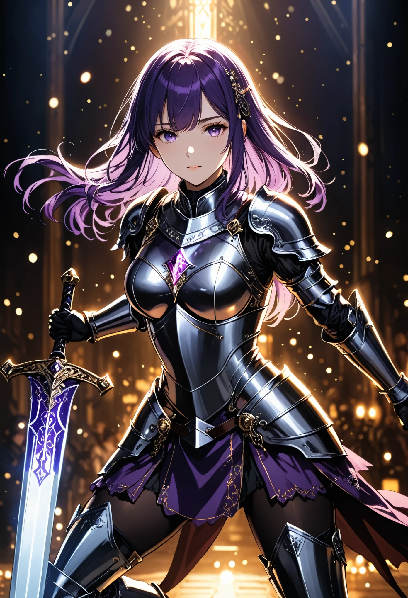 Harry Clark (Harry Clarke) style,best quality, masterpiece, high resolution, 1 Girl,knight,Light effects around the girl,Running action,Corners and sprints,Hold the greatsword in both hands,Shine brightly,Tyndall effect,Reality, Dark Studio, Edge lighting, Two-color lighting,(High Detail Skin:1.2), 8K uhd, Digital SLR Camera, Soft lighting, high quality, Volumetric Lighting, frank, photo, high resolution, 4K, 8K, Bokeh, Dark purple hair,