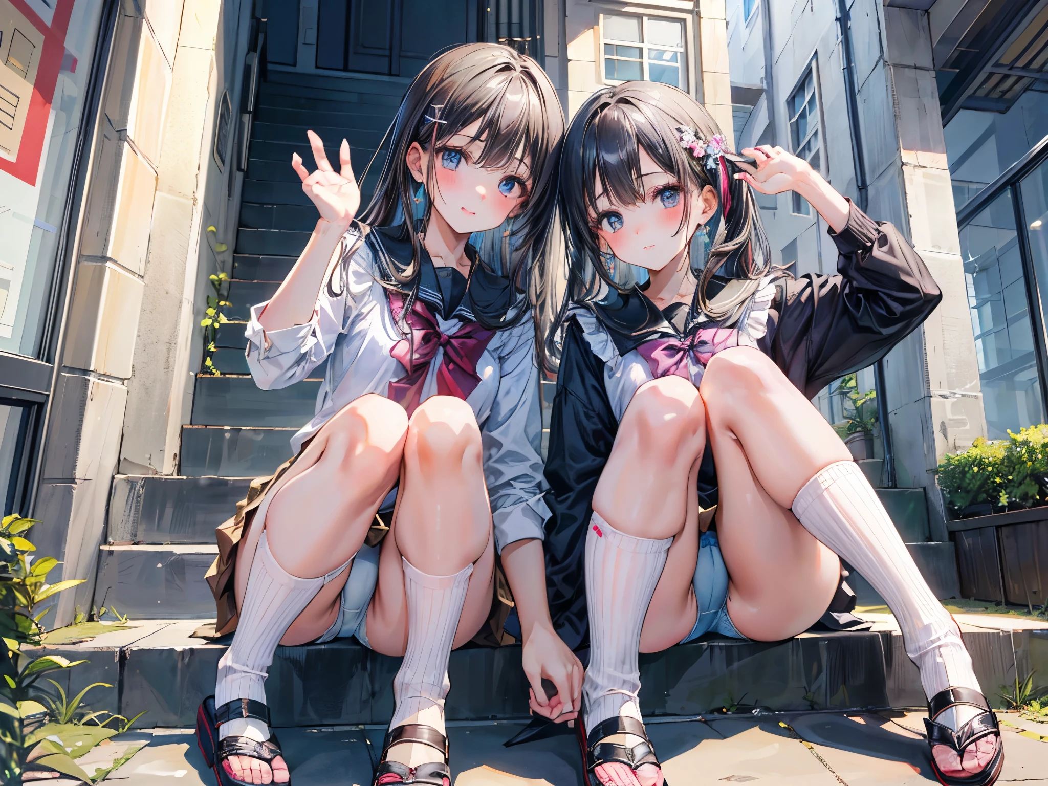 (Highest quality, 8k, 32K, masterpiece, Ultra-high resolution,:1.2),born, Two Girls,Super cute , Natural light,Clear, shining eyes, 20-year-old,Mid-chest ,Fair skin ,Blushed,Dynamic Lighting, At the top of the stairs, ((学born服)), On all fours, Close your legs, In the middle of the stairs, Shiny, Showing panties, White or blue panties, Camel Toe, Wedge Shape, Closeup Panties, From below