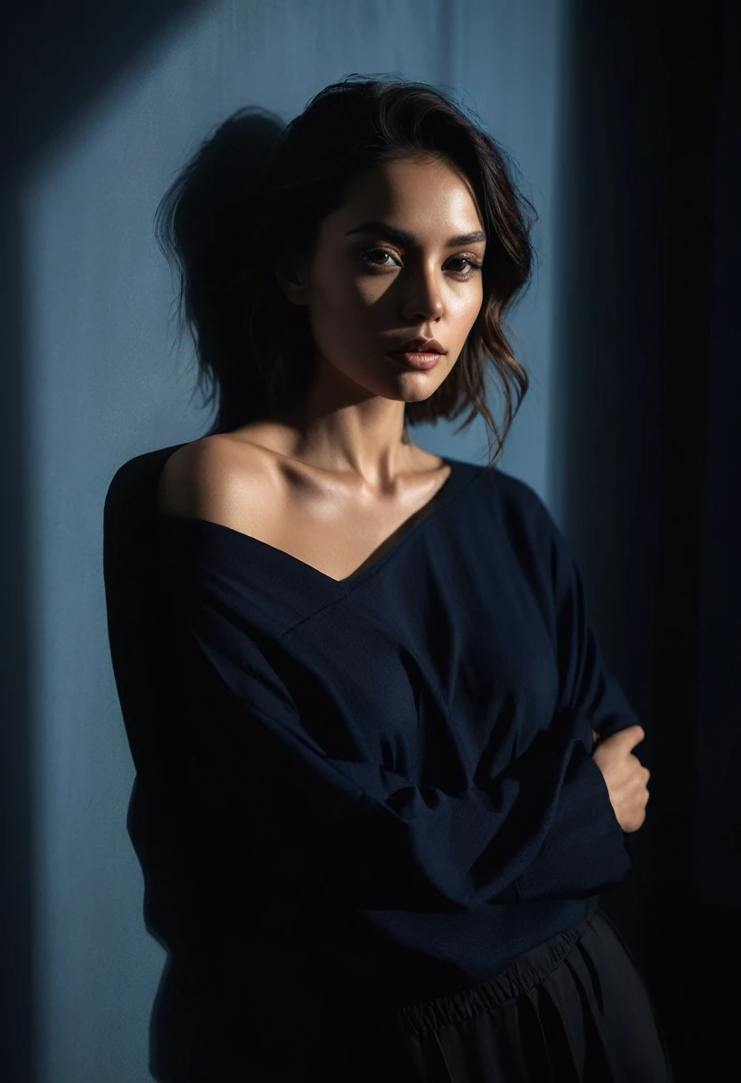 woman bathed in soft light, leaning against a wall, looking into the camera in a moment of raw emotion. Her attire is minimal, accentuating her beauty with the dramatic shadows cast by the lighting. The background is stark, with sharp contrasts highlighting the contours of her form. The blue and black palette intensifies the mood, evoking a sense of mystery and allure. Subtle film grain and meticulous shading add depth and texture, emphasizing the emotional gravity of the scene. The lighting creates a chiaroscuro effect, accentuating her expressive pose and the intense atmosphere.