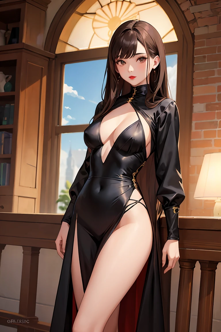 (masterpiece), realistic, 1girl, long tight fabric long sleeve black dress, , cleavage, sternal gap, long wavy brown hair, brown eyes, red lipstick