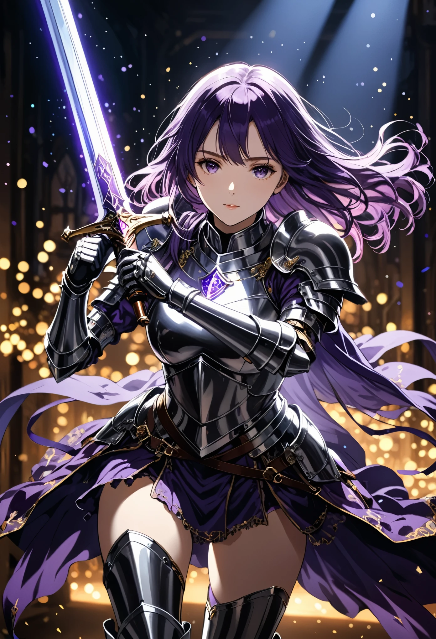 Harry Clark (Harry Clarke) style,best quality, masterpiece, high resolution, 1 Girl,knight,Light effects around the girl,Running action,Corners and sprints,Hold the greatsword in both hands,Shine brightly,Tyndall effect,Reality, Dark Studio, Edge lighting, Two-color lighting,(High Detail Skin:1.2), 8K uhd, Digital SLR Camera, Soft lighting, high quality, Volumetric Lighting, frank, photo, high resolution, 4K, 8K, Bokeh, Dark purple hair,Long hair