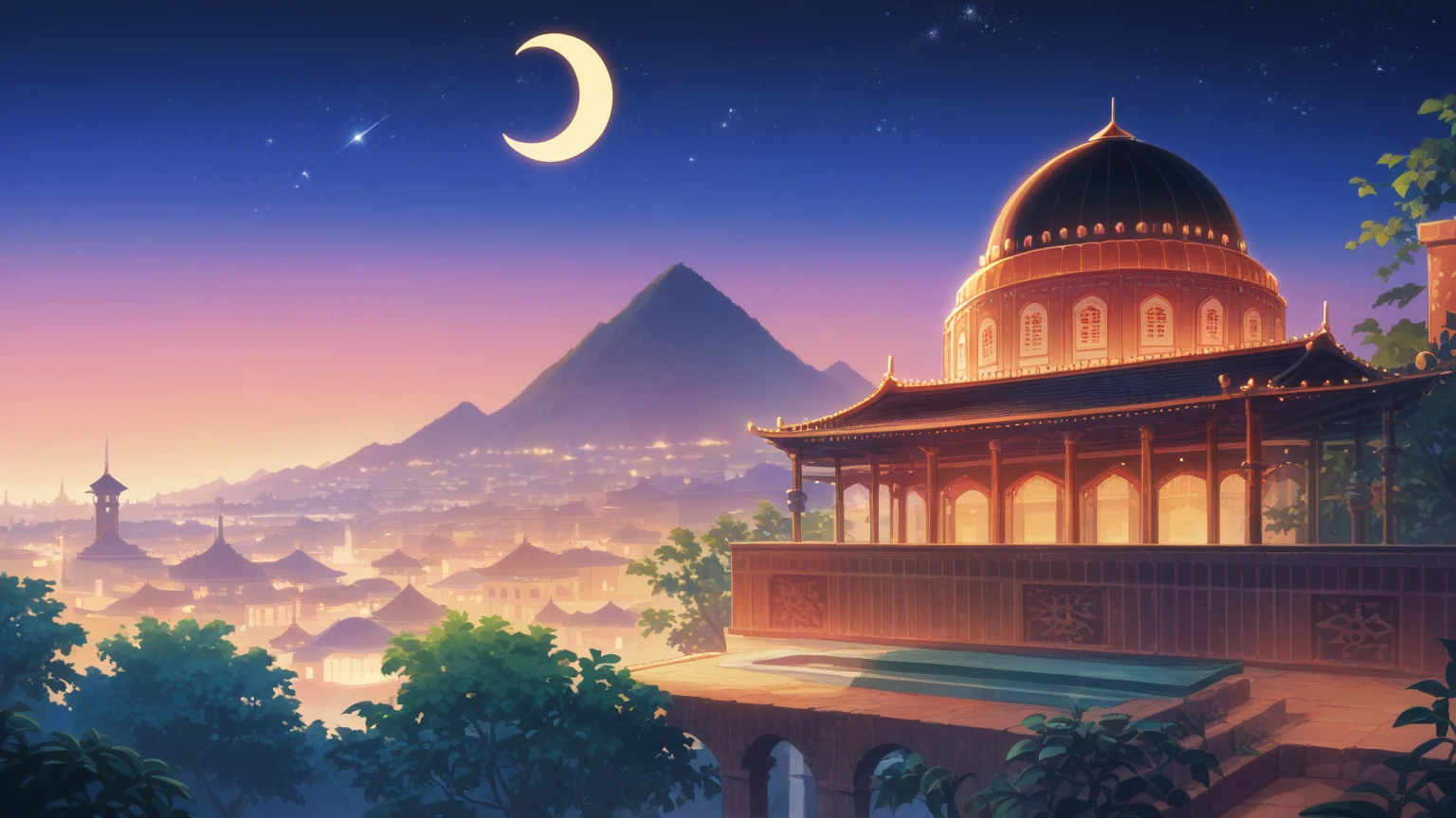 16-bit,Mosque, big crescent, bright stars in the sky, at night, 1girl,Kousaka honoka,Ultra detail hair, ultra detail face, full body shot,orange hair , standing , blue eyes , scenery,style,pixelart,apxlz, islamic city