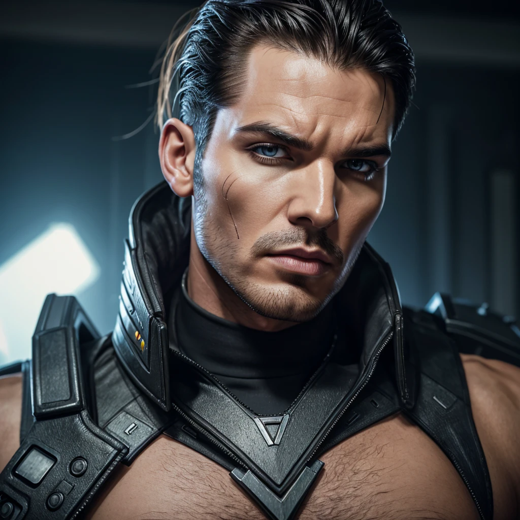 raw candid portrait, Close-up photo of Adam Lambert Space Marine from Warhammer 40k., brutal, broad shoulders, several battle scars on the face and body, big lips, whole body, High cheekbones, long scar on left cheek, Playful, Slavic heritage, короткие русые волосы, зеленые глаза, realistic skin texture, tall and muscular, Futuristic fashion, blemished skin with several battle scars, снято на Sony Alpha A6500 1.4, hips, very detailed, masterpiece.