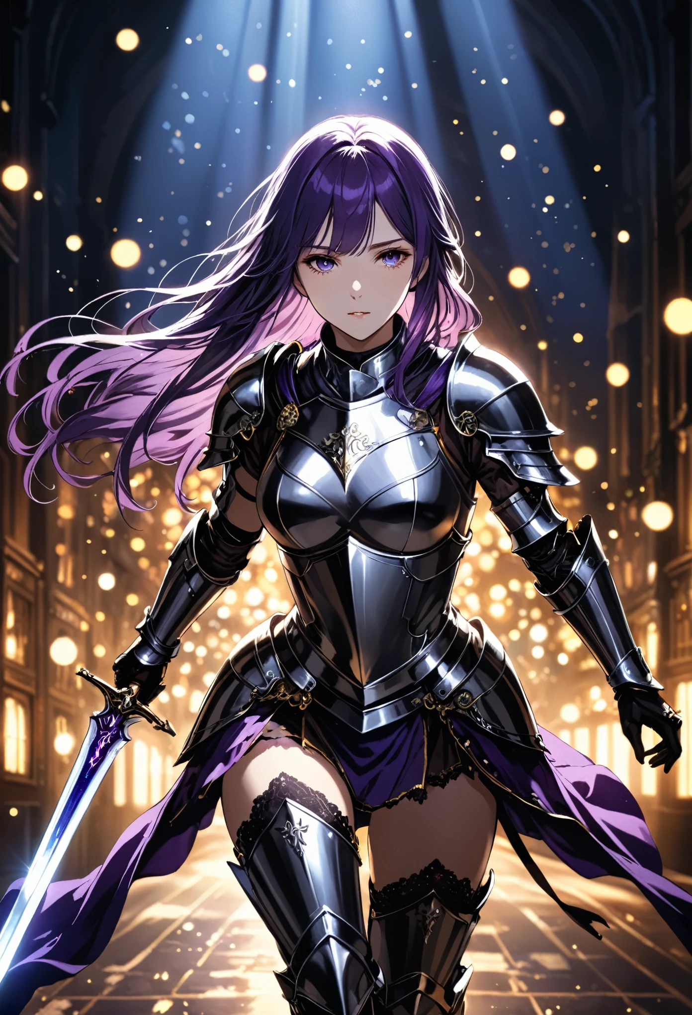 Harry Clark (Harry Clarke) style,best quality, masterpiece, high resolution, 1 Girl,knight,Light effects around the girl,Running action,Corners and sprints,Hold the greatsword in both hands,Shine brightly,Tyndall effect,Reality, Dark Studio, Edge lighting, Two-color lighting,(High Detail Skin:1.2), 8K uhd, Digital SLR Camera, Soft lighting, high quality, Volumetric Lighting, frank, photo, high resolution, 4K, 8K, Bokeh, Dark purple hair,Long hair