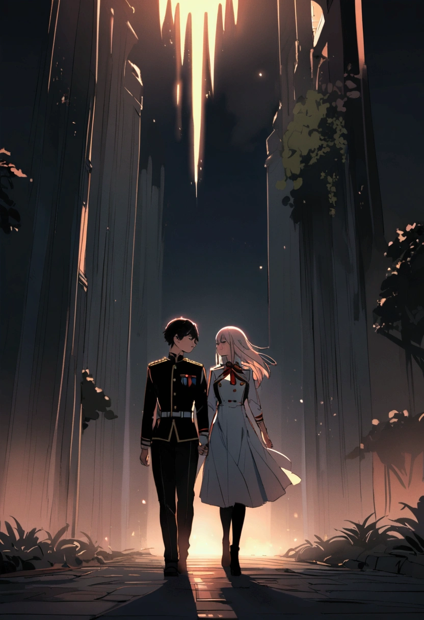 A student couple in uniform walking in the night view