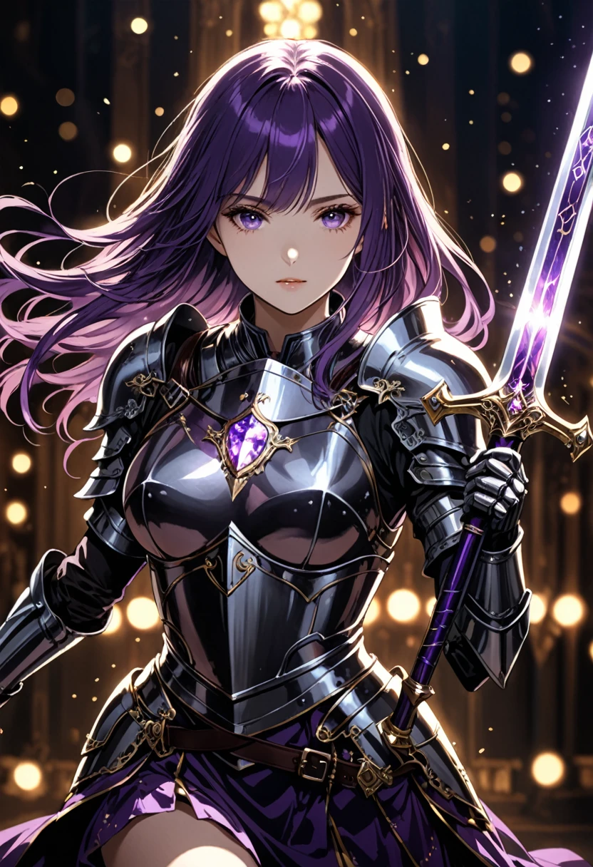 Harry Clark (Harry Clarke) style,best quality, masterpiece, high resolution, 1 Girl,knight,Light effects around the girl,Running action,Corners and sprints,Hold the greatsword in both hands,Shine brightly,Tyndall effect,Reality, Dark Studio, Edge lighting, Two-color lighting,(High Detail Skin:1.2), 8K uhd, Digital SLR Camera, Soft lighting, high quality, Volumetric Lighting, frank, photo, high resolution, 4K, 8K, Bokeh, Dark purple hair,Long hair