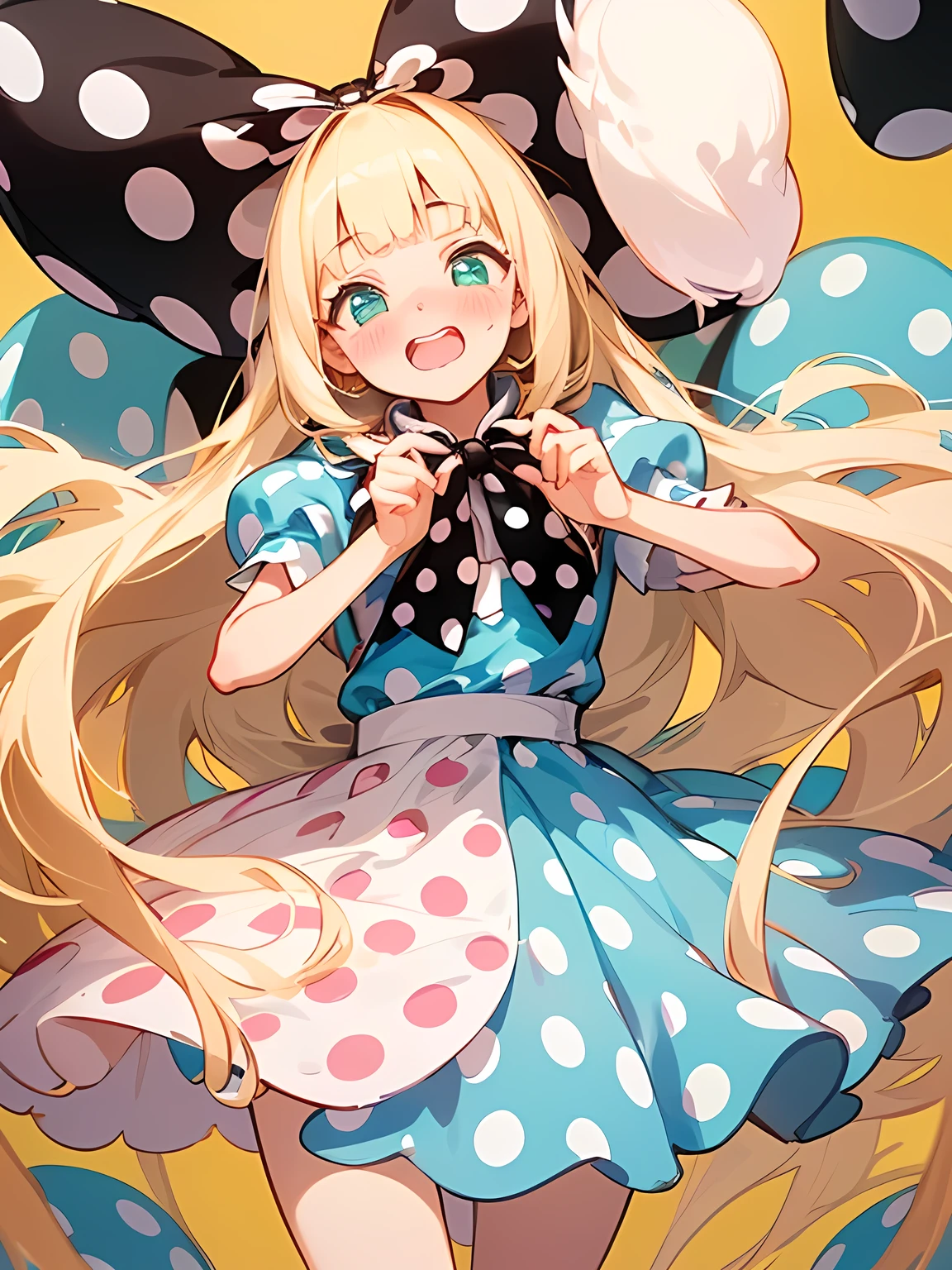 (black Alice in Wonderland:1.3),((straight pure white thin long hair:1.2)),(very short sideburns),(blunt bangs),(A vibrant and lively background:1.2),(Pop and cute polka dot pattern:1.45)),((You are the main character!:1.2)),(Beautiful images:1.15),(high quality:1.15),((Perfect graphics:1.15)),Big smile,(blush、Embarrassed laugh:1.25),(white、pink、cream、black、yellow,mint)