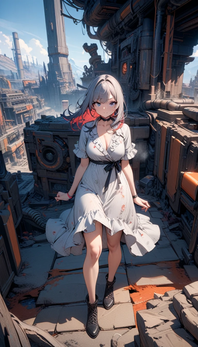 ((best quality)) , ((masterpiece)) , (detailed),Color splash, (((1girl))) , wearing Shabby Chic Wrap dress, has metallic plating, Colored hair, ((Fossil fuel power station)) in background, (((World of Warcraft)))