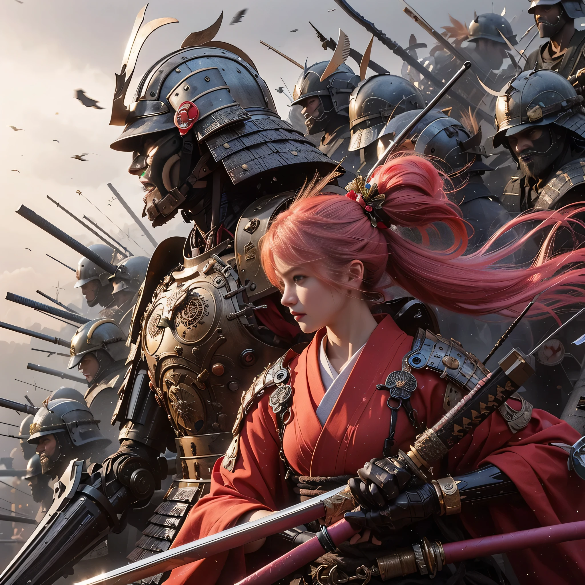 (Highest quality,High resolution,masterpiece:1.2),traditional,Japanese,Samurai Armor,Japanese sword,beautiful girl,Twin tails,Silver Hair,Realistic,photoRealistic:1.37,photo shoot,Very detailed,hyper-Realistic textures,whole body,battlefield