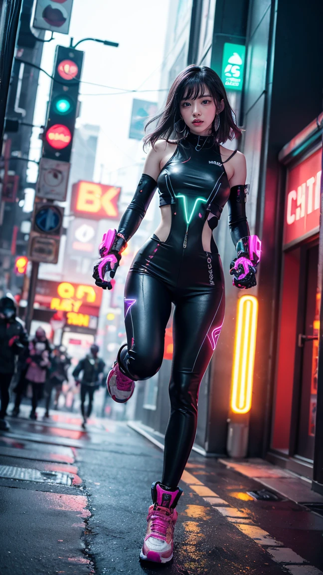 Draw Zeri in her new 'Cyberpunk Neon' skin, featuring a vibrant, neon-drenched outfit with glowing circuit designs. Zeri is dashing through a futuristic cityscape, activating her 'Lightning Surge' ability. Her hands are emitting bright neon lightning bolts, and a trail of electric energy is following her path as she moves.