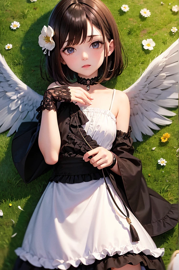 Brown Hair Short Bob Brown eyes Flower Hair Ornaments Black Feather Angel blue sea