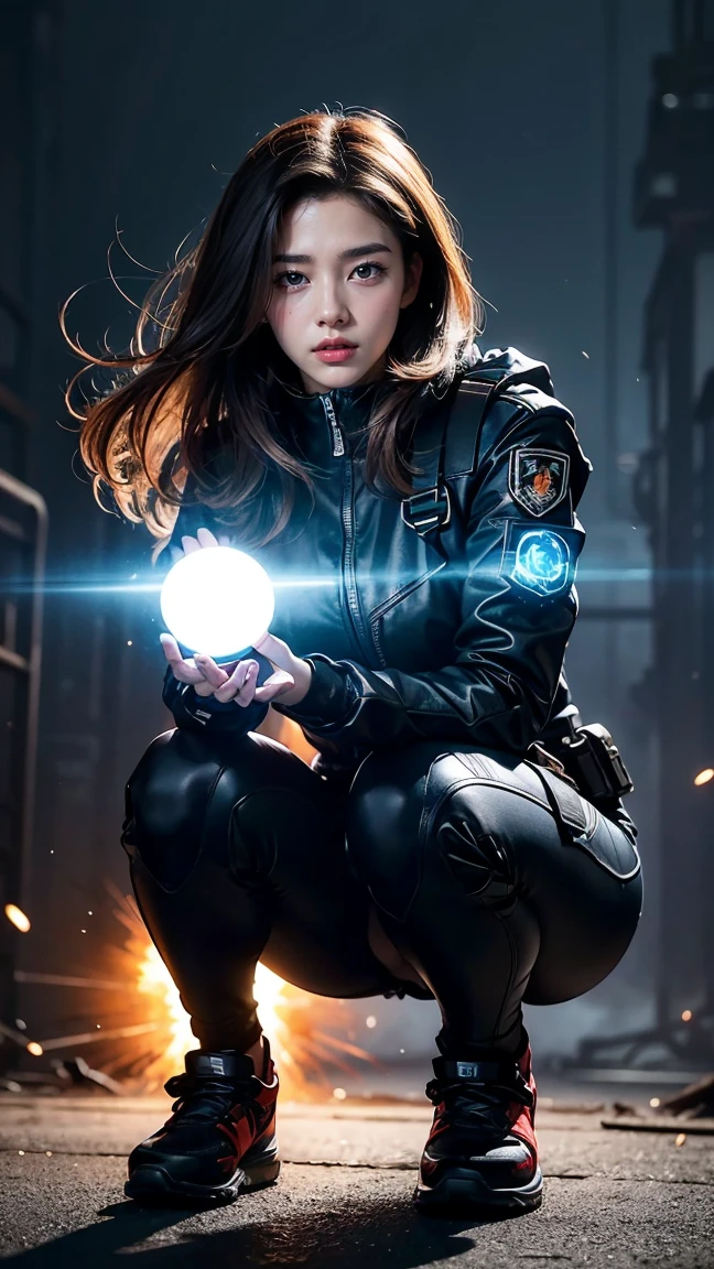 Depict Zeri in her 'Rogue Agent' skin, wearing a sleek, tactical outfit with high-tech gadgets. She’s crouching behind cover, preparing to unleash her 'Pulse Strike' ability. The image shows her charging up a glowing energy sphere with intense focus, and the surrounding environment is illuminated by the bright, pulsating energy.
