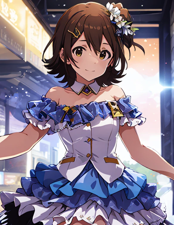 Mirai Kasuga, (Highest quality, 8k, masterpiece, Very detailed:1.2), (Lens flare, Particles of light, Shine), Big Breasts, smile, Open your mouth, masterpiece, Highest quality, Very detailed, High resolution, Very detailedCG, Official Art, Idol Costumes, White Skirt, Off the shoulder, ((BTBS)), ((Browsing Caution:1.2)), Sex, Dynamic Angle, Perfect body